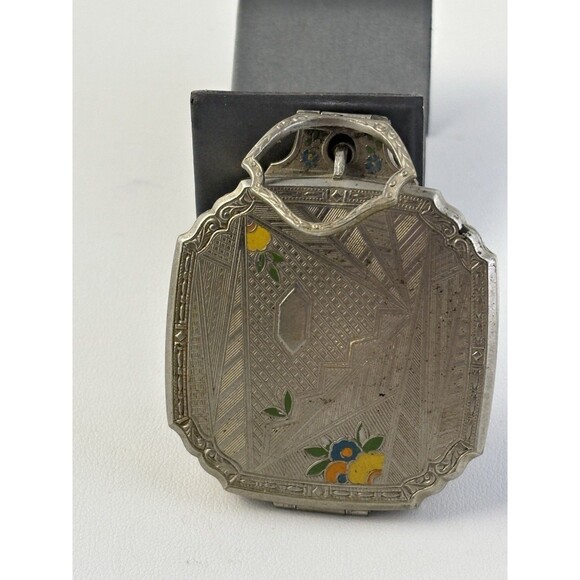 Other - Evans 1920’s Art Deco Silver Metal Mirror Compact Guilloche Enamel With Stand